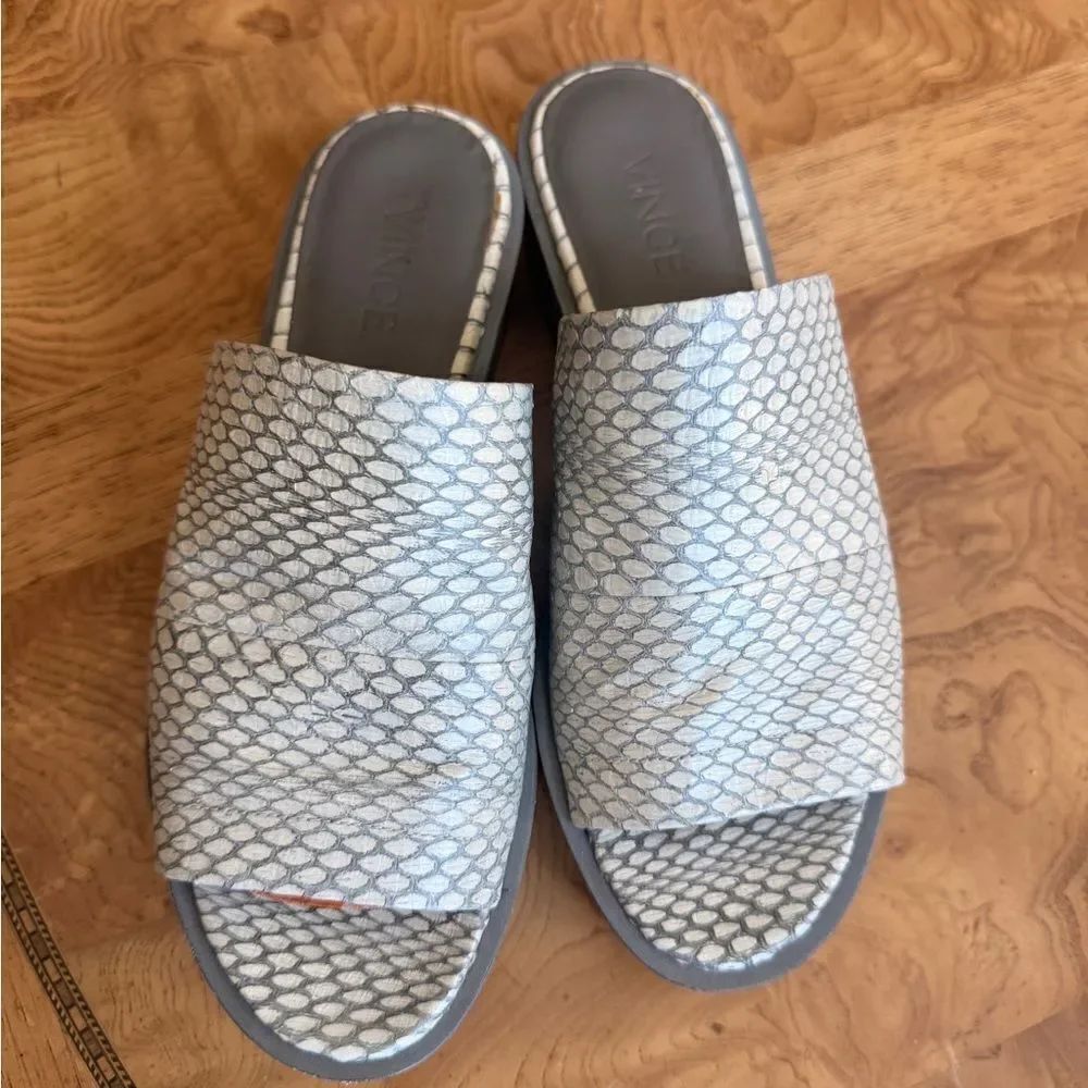 Vince Gray and White Mules with Woven Design tinge of green